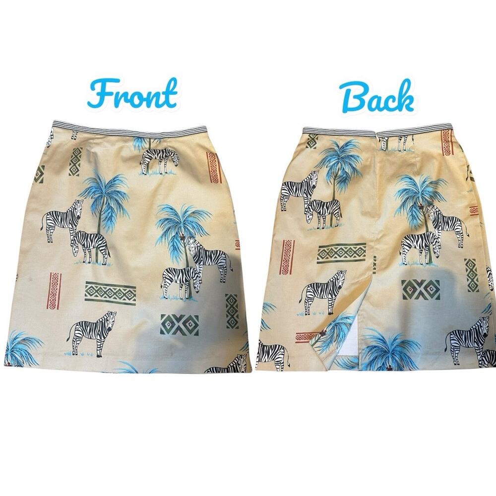 Beige White Teal Samantha Stretch Skirt Wildlife Zebras Palm Trees Sz 8P